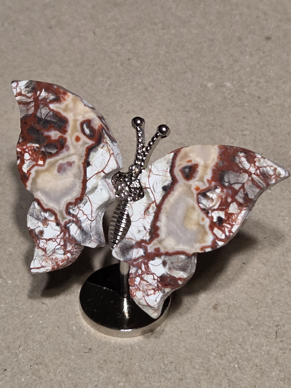 Mexican Crazy Lace Agate Crystal Butterfly Wings On Metal Body Stand Decor